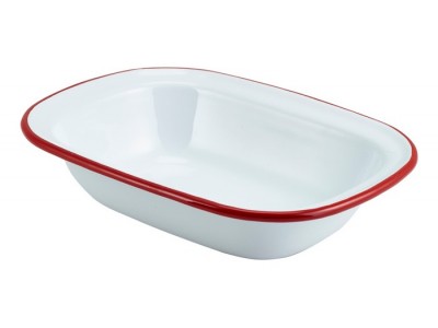Enamel Rect. Pie Dish White with Red Rim 20cm