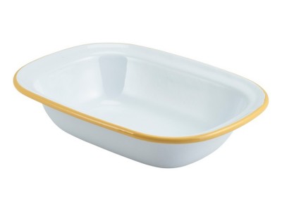 Enamel Rect. Pie Dish White with Yellow Rim 20cm